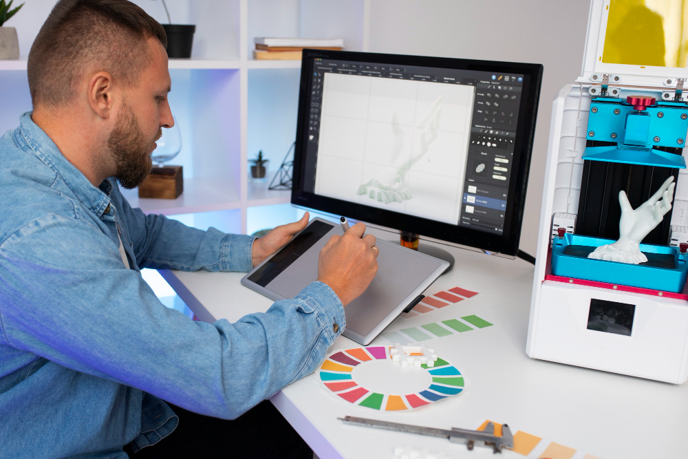 Homem com barba e camisa jeans sentado em uma mesa branca, utilizando uma mesa digitalizadora para criar um modelo tridimensional exibido em um monitor. Ao lado, uma impressora 3D imprime a mesma peça que aparece na tela. Na mesa, há uma paleta de cores, réguas de medição e pequenos objetos de referência.