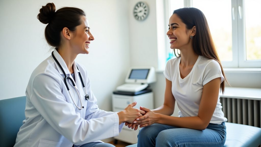 Médica sorridente usando jaleco e estetoscópio cumprimenta paciente em um consultório médico, transmitindo acolhimento e confiança.